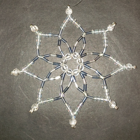Hand Crafted Beaded Blue and Clear Snowflake Ornament - Picture 2 of 4